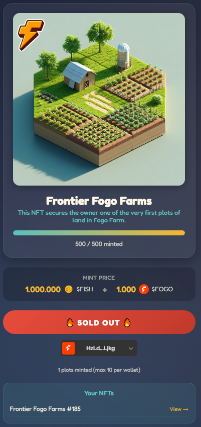 🚜🔥 FOGO FARM’A GİRİŞ YAPTIK! 🔥🚜

Bugün Fogo Farm’ta mint’i başarıyla tamamladım.
💰 1.000.000 $FISH + 1.000 $FOGO harcayarak Frontier Fogo Farms NFT sahibi oldum.
🌱 Fogo Farm;
• On-chain üretim
• Gerçek oyun içi ekonomi
• NFT tabanlı arazi sistemi
• Uzun vadeli