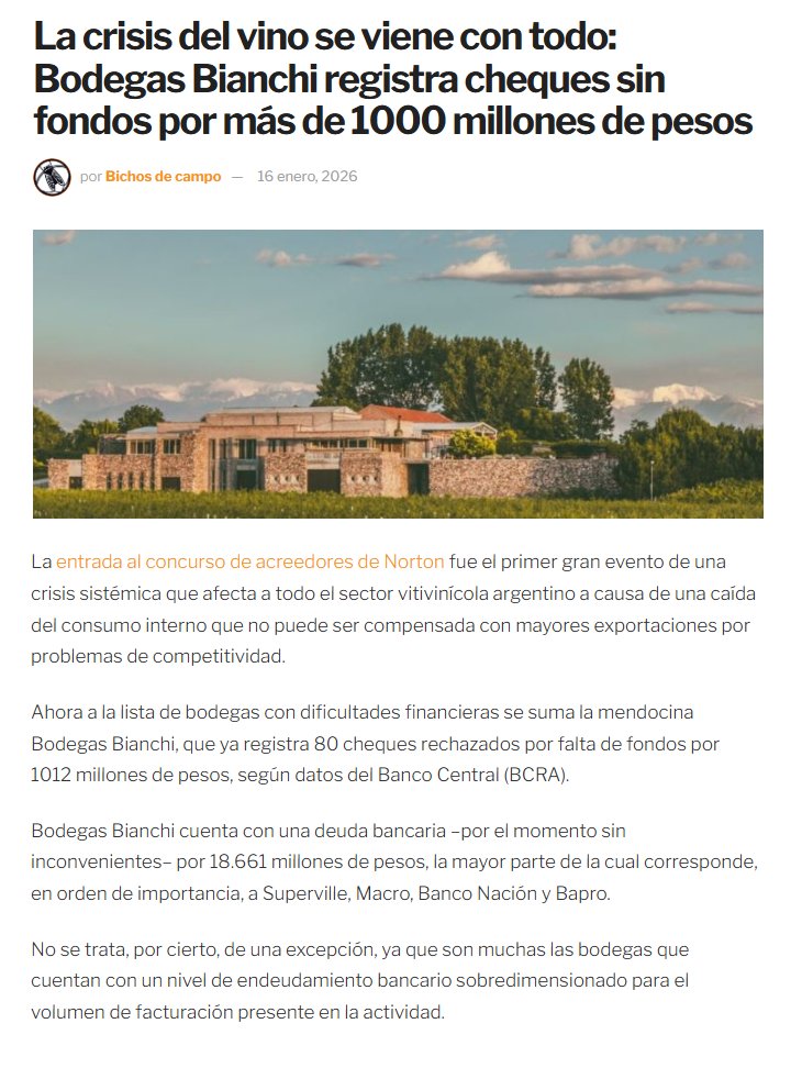 compa1968's tweet image. #ARGENTINAquebrada #CRISISsistemica #DEFAULT #CORTEcadenaDEpagos

QUIENES MANEJAMOS CICLOS ECONOMICOS PUDIMOS ANTICIPAR ESTA FOTOGRAFIA 

AVANZA 2026 OLA DE QUIEBRAS EN MASA X POLITICAS DE AJUSTE GOB VS CONSUMO DEPRIMIDO, PEOR A 2001

BODEGAS BIANCHI SE SUMA A CIAS EN PROBLEMAS