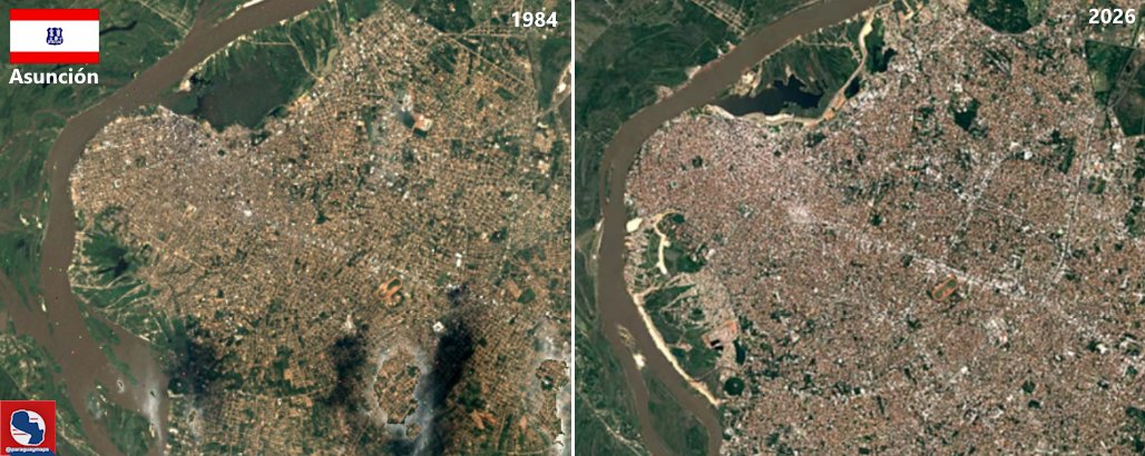paraguaymaps's tweet image. Comparación de imágenes satelitales de 1984 y 2022 de algunas ciudades del Paraguay  (Google Earth)