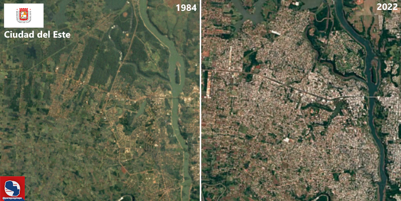 paraguaymaps's tweet image. Comparación de imágenes satelitales de 1984 y 2022 de algunas ciudades del Paraguay  (Google Earth)