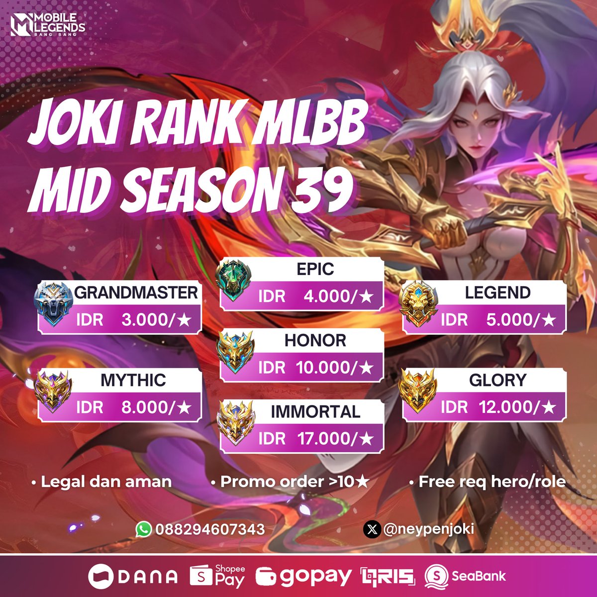 neyboost's tweet image. pagi guys, joki ml dan joki gendong open yahh sung proses🤗 #jokiml #zonauang