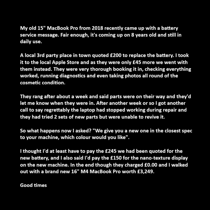 wccftech's tweet image. Apple Store accidentally bricks customer’s 2018 MacBook Pro during battery repair, replaces it with $4,300 M4 Max for free. 🔗 wccf.tech/1jilh