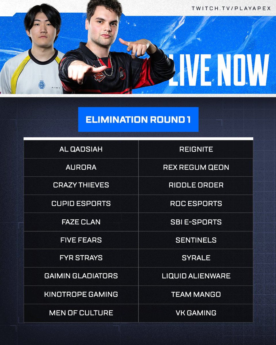 The Fight for the FINAL is LIVE 🔴🏆

18 games for 20 teams to earn their spot.

Elimination Round 1 starts NOW 👇
twitch.tv/playapex
youtube.com/playapexesports