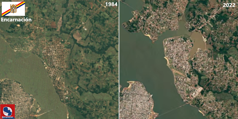 paraguaymaps's tweet image. Comparación de imágenes satelitales de 1984 y 2022 de algunas ciudades del Paraguay  (Google Earth)