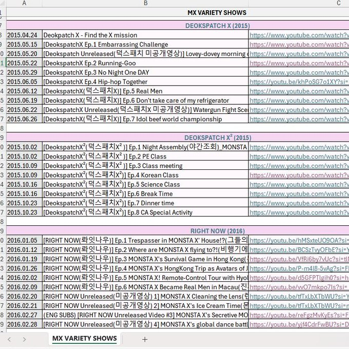 🐻🐶🐹MONSTA X VARIETY SHOWS🐢🐝🐈‍⬛
                                   ✨LINKS✨

✅1TheK/JTBC
✅Universe/Twotuckgom
✅Travel shows 
✅ENG subs
🔗docs.google.com/spreadsheets/d…

🎞️🍕🥘🍿🍶⚽️🏄‍♂️🤸🎤🛴🚁

<a href="/OfficialMONSTAX/">몬스타엑스_MONSTA X</a>
 <a href="/imteamim/">I.M (아이엠)</a>
#IM #아이엠 💜🌹