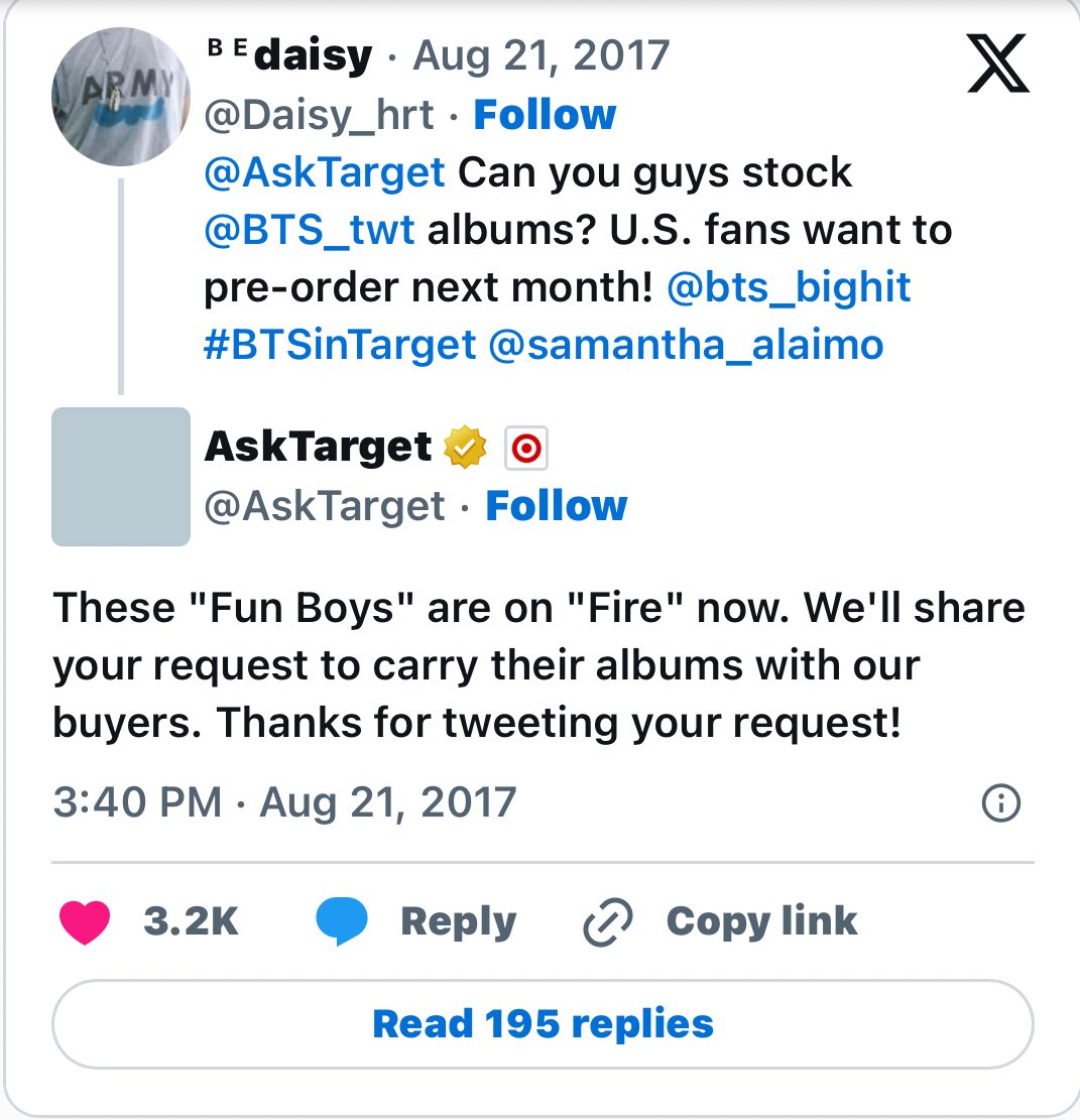 starboykkyu's tweet image. It’s been nearly 9 years since armys first asked Target to stock BTS albums. It’s a request that got us and BTS hate at first…and now it benefits the entirety of kpop.

So crazy to look back on how far we’ve come.