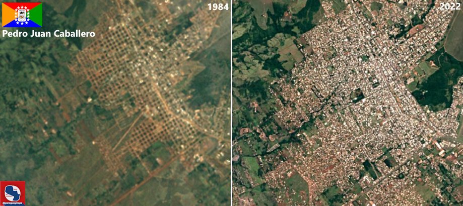 Comparación de imágenes satelitales de 1984 y 2022 de algunas ciudades del Paraguay  (Google Earth)