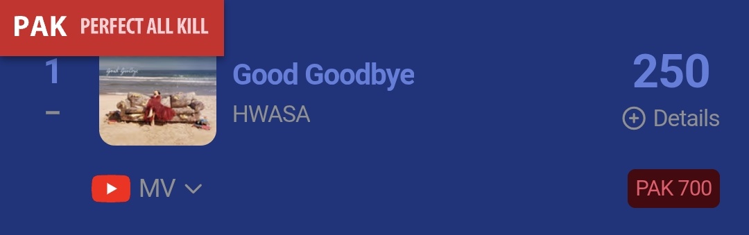 [PERFECT ALL-KILL] “Good Goodbye” — 09AM KST

#1. MelOn(=)
#1. FLO (=)
#1. Genie (=)
#1. VIBE (=)
#1. YouTube (=)
#1. iChart (=)
#1. Bugs (=)

700th PAK 🔥🌸

#화사 #HWASA