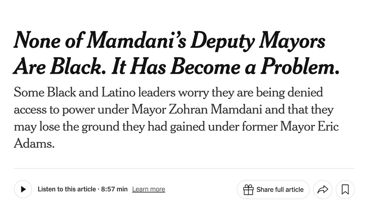 lhfang's tweet image. The New York Times attempts to create a racism scandal for Mamdani because of the skin color of his deputy mayors. The Black civic leaders they quote are all corporate lobbyists and influence peddlers -- a conflict not disclosed in the piece. leefang.com/p/the-new-york…