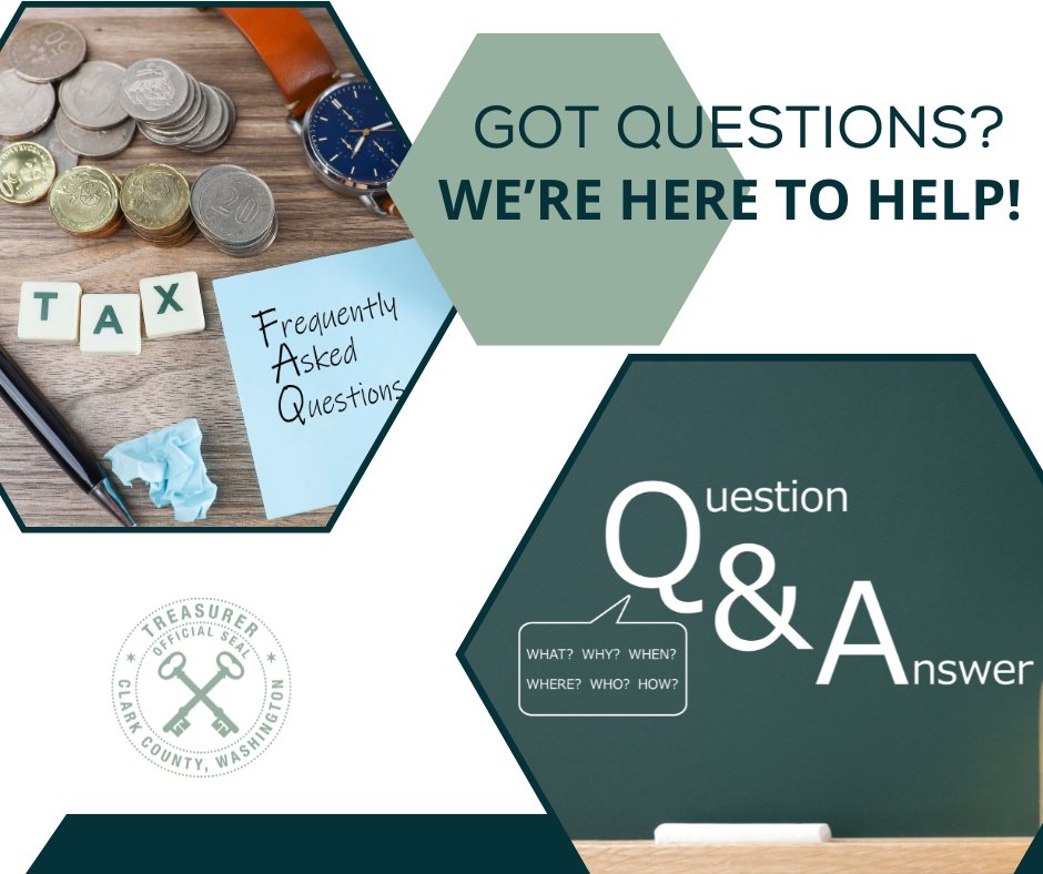 Have questions about your tax statement or payment options? Our team is here to help guide you and connect you with the right resources.

Phone: 564.397.2252
Online services: clark.wa.gov/treasurer
Email support: datamgmt@clark.wa.gov

Your questions matter to us!