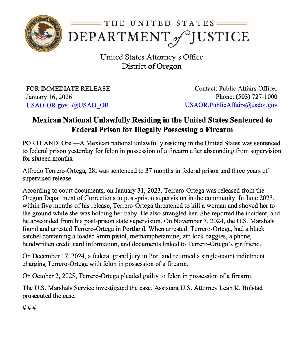 MrAndyNgo's tweet image. An illegal migrant from Mexico living Portland with a felony conviction has been federally sentenced to 37 months in prison for being a felon in possession of a firearm. 

He became a fugitive and escaped arrest for 16 months after threatening to kill a woman who was holding a…