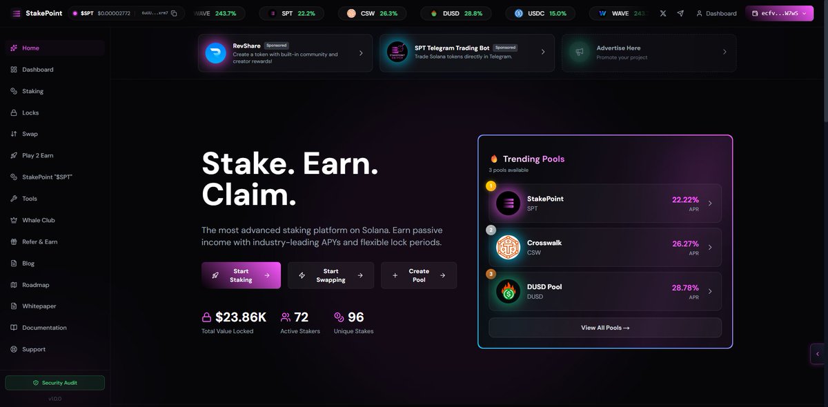 📢 Introducing Ads on StakePoint!

Want your project in front of the Solana DeFi community? We're now offering premium banner placements on our platform.

3 slots. Prime visibility. Direct links to your project.

Whether you're launching a token, promoting a dApp, or building