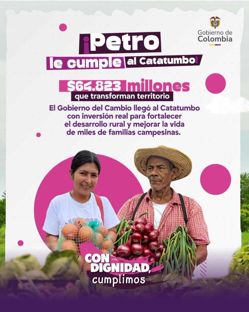 Con desarrollo rural, #PetroLeCumpleAlCatatumbo 🌱
$64.823 millones invertidos para transformar el territorio, fortalecer el campo y mejorar la vida de miles de familias campesinas.
 #PetroLeCumpleAlCatatumbo