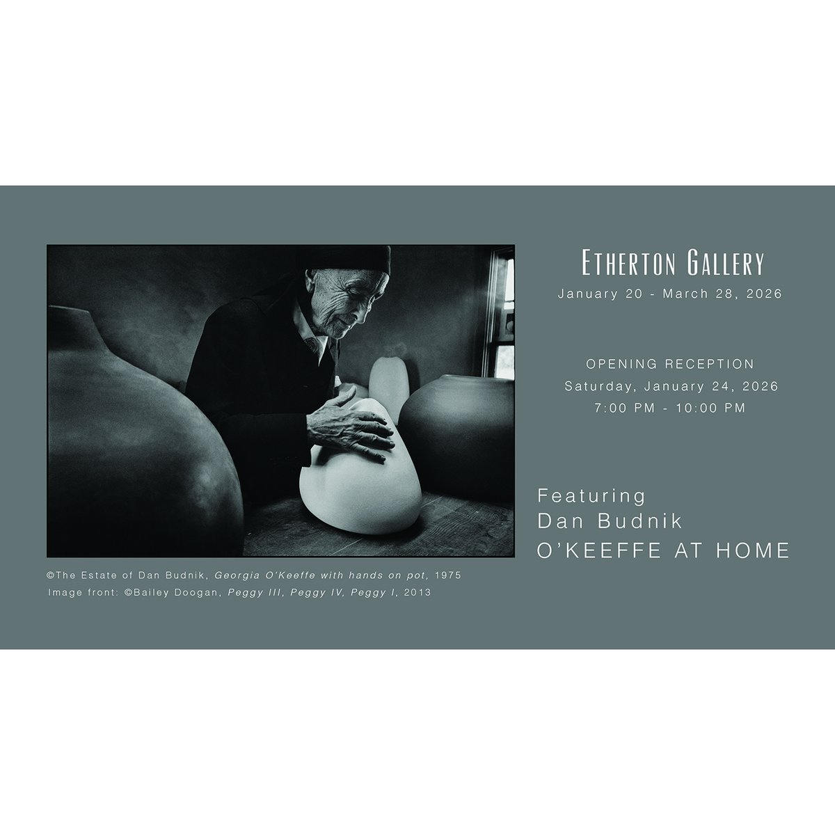 We've got next weekend covered.

Sat, Jan 24th, 7-10 PM. 
Reception: Bailey Doogan Close to the Bone &amp; Dan Budnik: O'Keeffe at Home -- at Etherton Gallery, 340 S Convent Ave.

Sun, Jan 25th, 2:00 PM
Film Screening: Georgia O'Keeffe:The Brightness of Light
loftcinema.org/film/georgia-o…