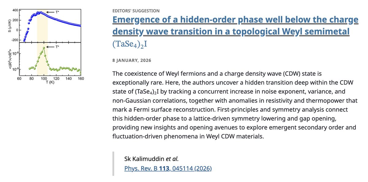PhysRevB's tweet photo. PRB Editors' Suggestion: Emergence of a hidden-order phase well below the #ChargeDensityWave transition in a #topological #WeylSemimetal (TaSe4)2I
Kalimuddin et al.
PRB 113 045114
➡️ https://t.co/hrXfFWqqZF
#EdSugg @APSPhysics #physics #condmat @iacskolkata @BITSPilaniDubai https://t.co/70H6uE0aeY