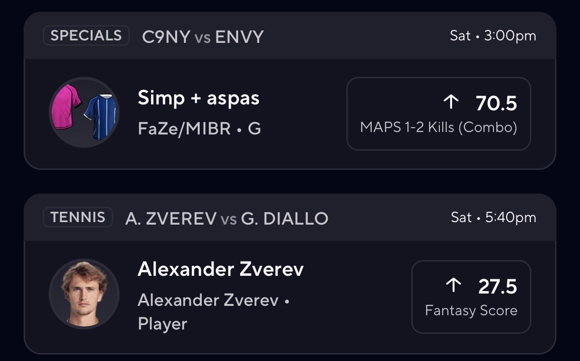 AWPerDFS's tweet image. Esports/Tennis Collab 🎮🎾

Collab w/ @dropshotpoints 

He already gave this play out in a slip but let’s do it for the sake of a collab (earliest tennis prop don’t wanna drag this out too long)

I like this COD/VAL combo both teams good favorites and good fraggers