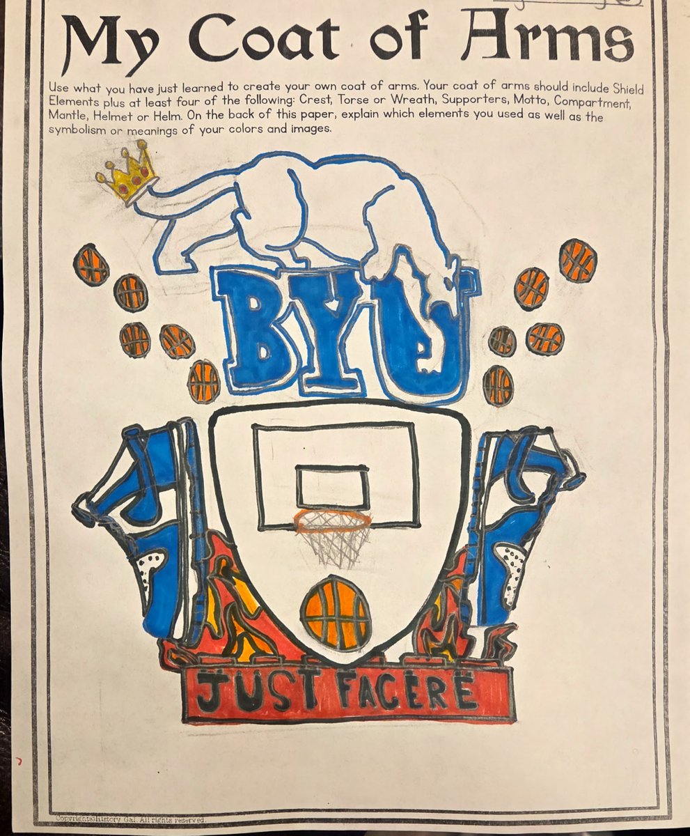 I couldn't be prouder of my 5th-grade daughter's "coat of arms" project for school. It says "Just Do It" in Latin across the bottom. <a href="/BYUMBB/">BYU Men's Basketball</a> <a href="/BYUCougars/">BYU Cougars</a>  <a href="/AJ_Dybantsa/">AJ Dybantsa</a> <a href="/cosmo_cougar/">Cosmo Cougar</a> <a href="/byuwbb/">BYU Women's Hoops</a> <a href="/nikebasketball/">Nike Basketball</a>   #gocougs #BYUhoops