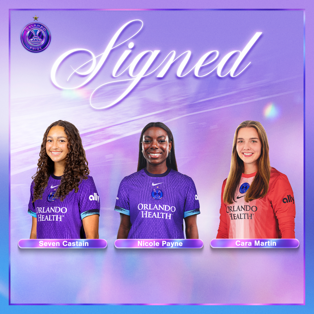 ORLPride's tweet photo. Welcoming new talent to the 407 🌴

We have signed forward Seven Castain, goalkeeper Cara Martin and defender Nicole Payne through the 2026 season ✍️