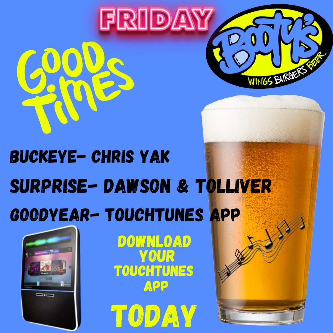 bootyswings's tweet image. FRIDAY VIBES AT BOOTY'S! 🍻
It's FINALLY Friday and you know what that means... GOOD TIMES at all 3 Booty's locations!
🎸 Live entertainment featuring:
BUCKEYE with Chris Yak
SURPRISE performance by Dawson &amp;amp; Tolliver
GOODYEAR with the TouchTunes app
Cold beer, hot wings