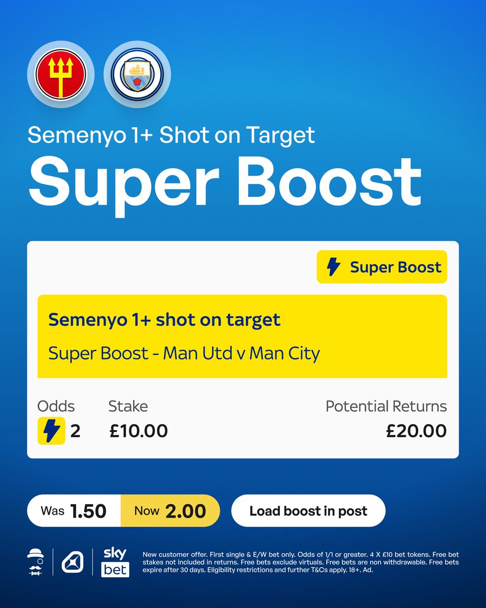 AndyRobsonTips's tweet photo. This is another one that I'm on. 

⚡️ Semenyo shot on target boosted from 1.50 to EVS (v Man Utd).

Load Boost: https://t.co/zxA3OSrRKf

Join Sky Bet to back it, place as little as 5p and you'll get £40 in Free Bets.

Claim offer: https://t.co/6VT0P8cimz

18+, T&amp;Cs Apply. Ad. https://t.co/zQdq13dEhs