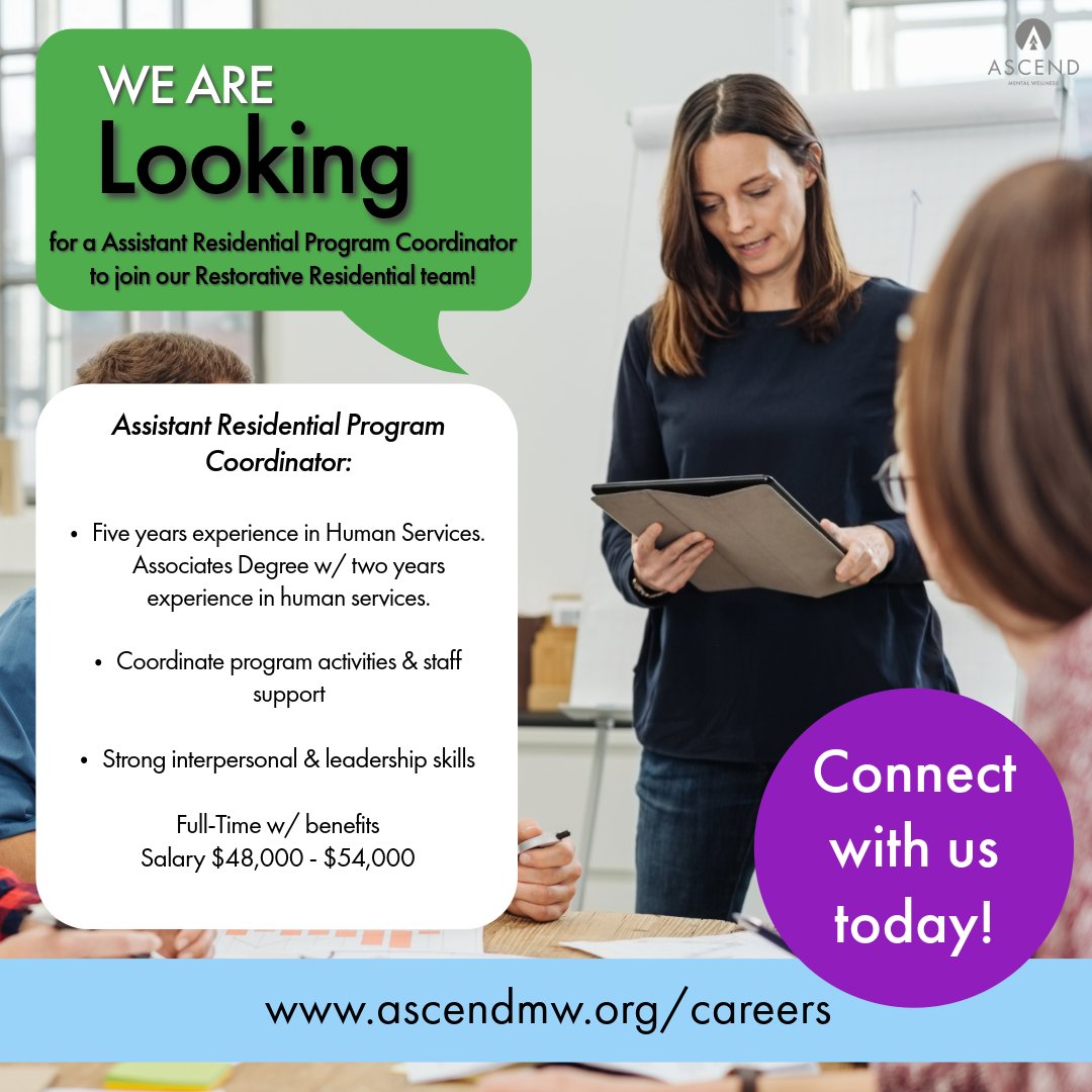 ASCEND_MW's tweet image. Join our team! We are looking for a Residential Assistant Program Coordinator to join our Restorative Residential team. This role supports our Genesis and Pearl Street community residences.

Apply today:
🔗 ascendmw.isolvedhire.com/jobs/1685478

Know someone who’d be a perfect fit? Tag them!