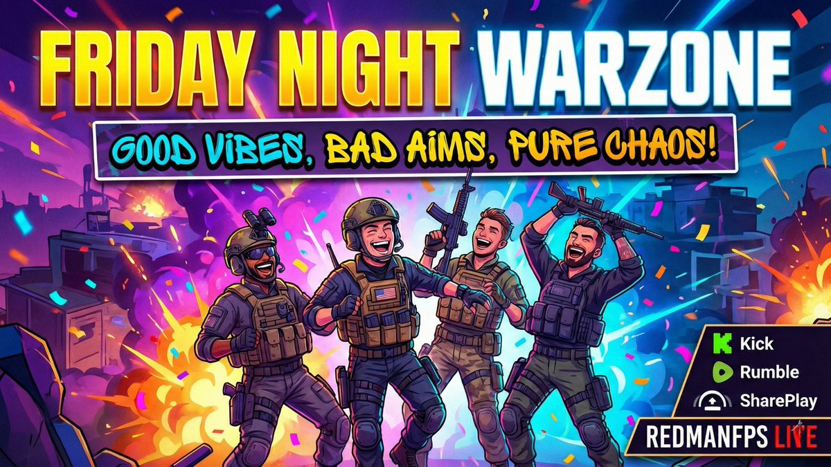 RedmanGG's tweet image. FRIDAY NIGHT WARZONE IS LIVE! 🚨

The work week is done. Time for good vibes, craziness, and chasing dubs. Come hang out! 💥

📺 Watch where you want:
🟢 Kick: kick.com/redmanfps
🟠 Rumble: rumble.com/c/redmanfps
🔴 SharePlay: shareplay.tv/redmanfps

@ULTI_Supps…