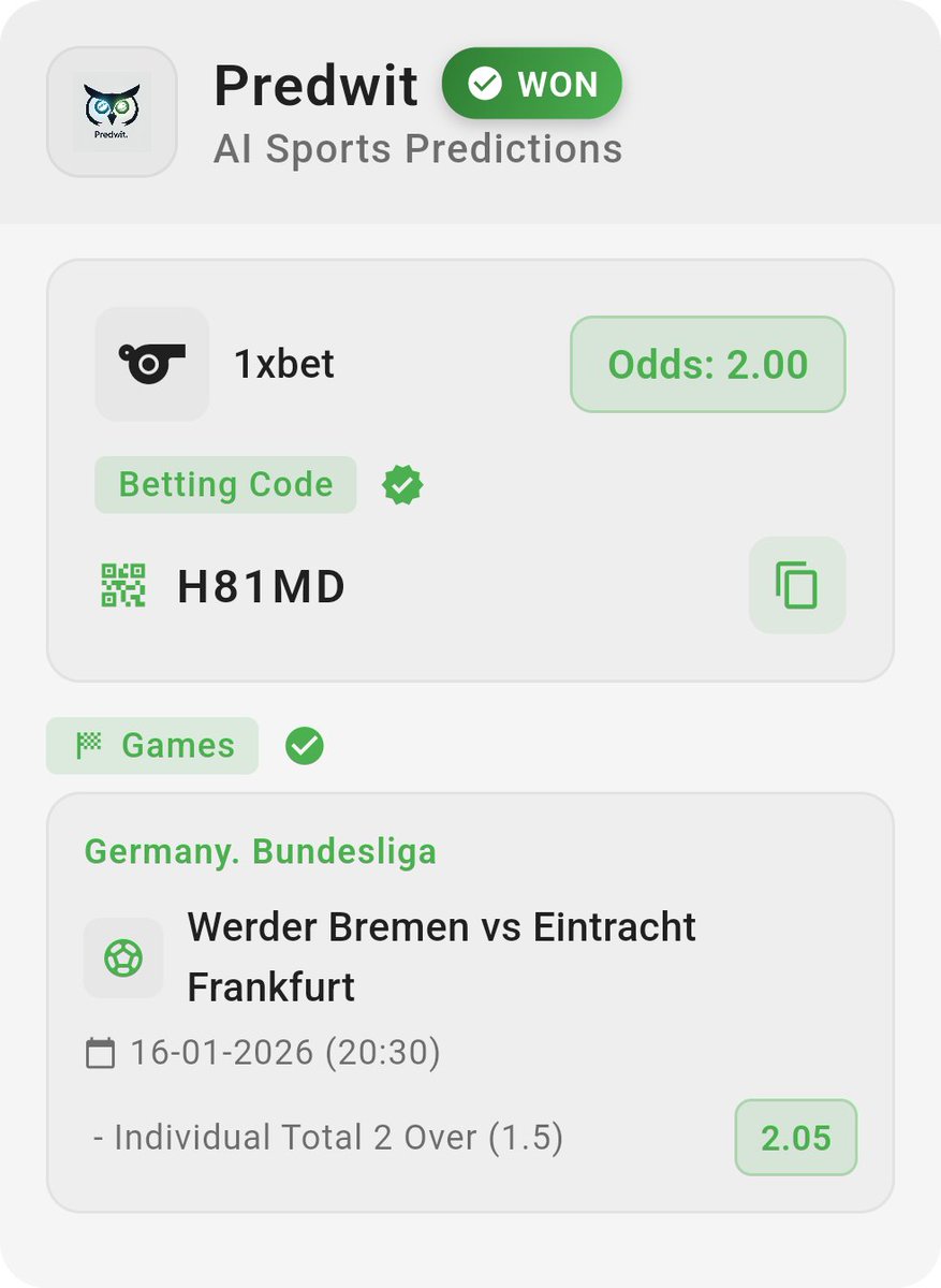 predwit's tweet image. 🏆🎉🎊 BOOM! WE WON! 🎊🎉🏆

💰 2.00 odds bet code for 1xbet just WON via Predwit AI Sports Prediction App! ✅

🎯 Bet code: H81MD
💪 Confidence: High

🎊 Celebrate this win with us! 🎊

Get more winning predictions → predwit.com