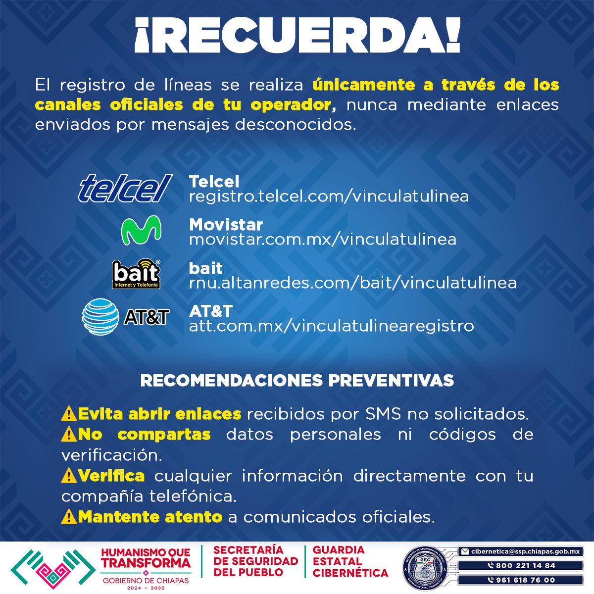 Extreme precauciones ante campañas de phishing 🎣 relacionadas con la implementación del registro de telefonía. 📲
Los ciberdelincuentes suelen aprovechar estos anuncios para difundir mensajes fraudulentos y obtener información personal. #Ciberseguridad #cybersecurity #Chiapas
