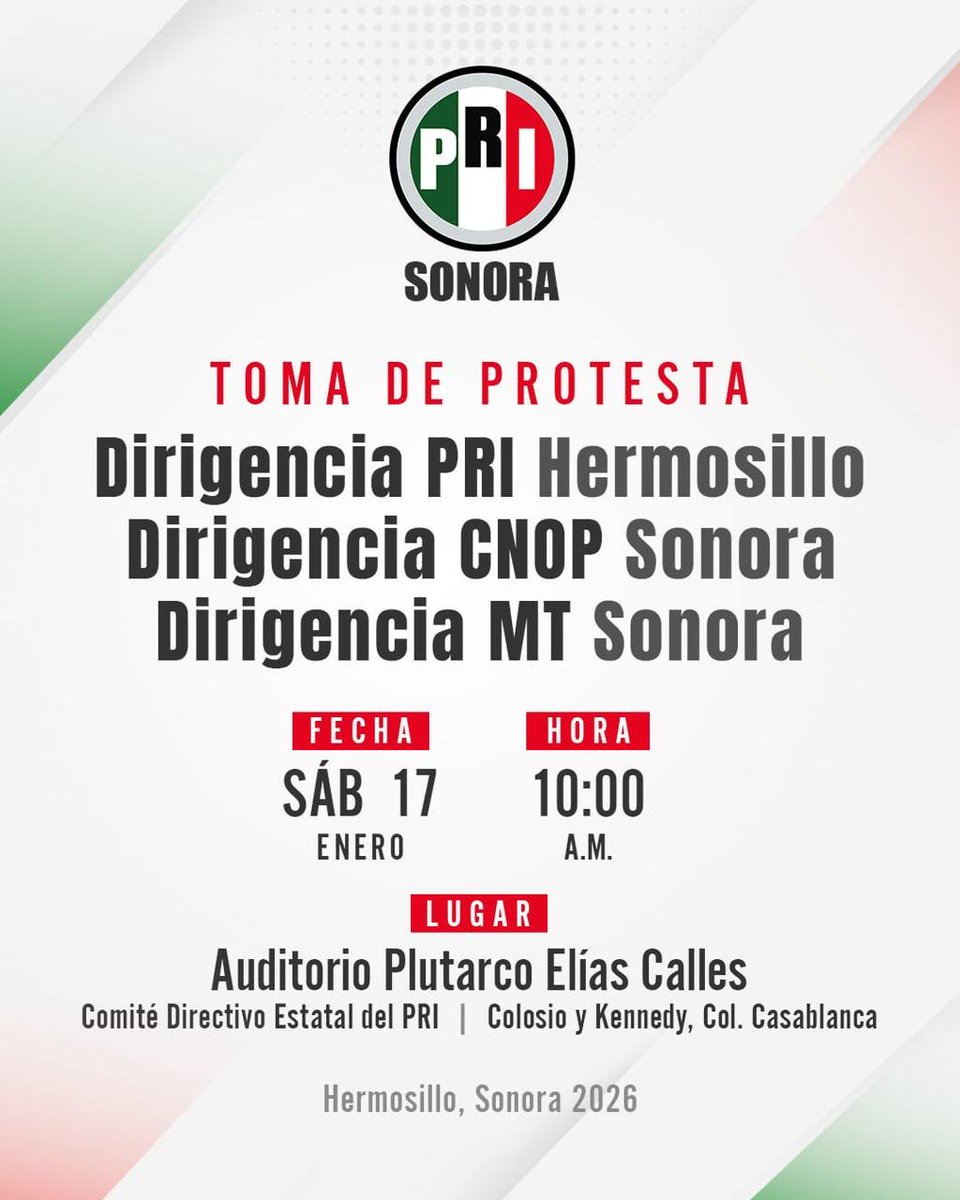Actividad en el ⁦<a href="/prisonora2/">PRI Sonora</a>⁩ ESTE sábado… Francisco Aparicio será el nuevo presidente del comité municipal en Hermosillo; Blanca Saldaña relevará a “Chayo” Rodríguez en Movimiento Territorial y el doctor Luis Becerra rendirá protesta como nuevo líder estatal de la CNOP.