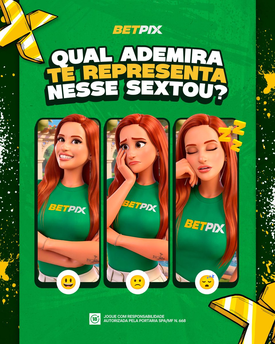 🎉😎 SEXTOU na Verdinha! 

A Ademira quer saber… Qual emoji é a sua cara nesse sextou? 😄 🤔 😴

Conta pra gente nos comentários e vem se divertir nosso cassino! 🤩

Jogue com responsabilidade 🔞