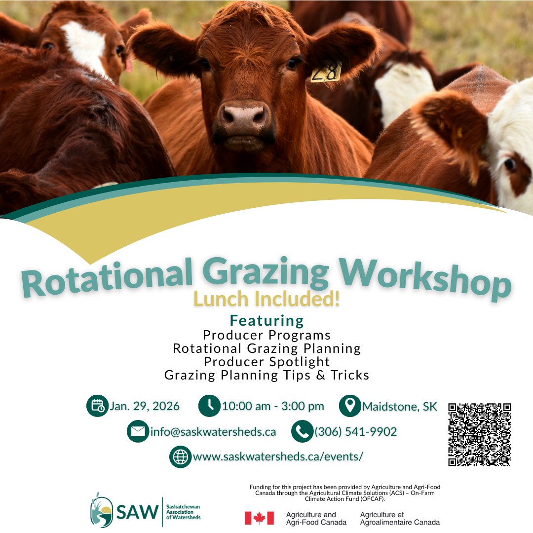 Join us in Fort Qu’Appelle, SK for SAW &amp; Sask Ag’s Livestock Watering Workshop. Learn about water strategies &amp; how to protect aquatic species at risk.
Register at: eventbrite.ca/e/197886442877…