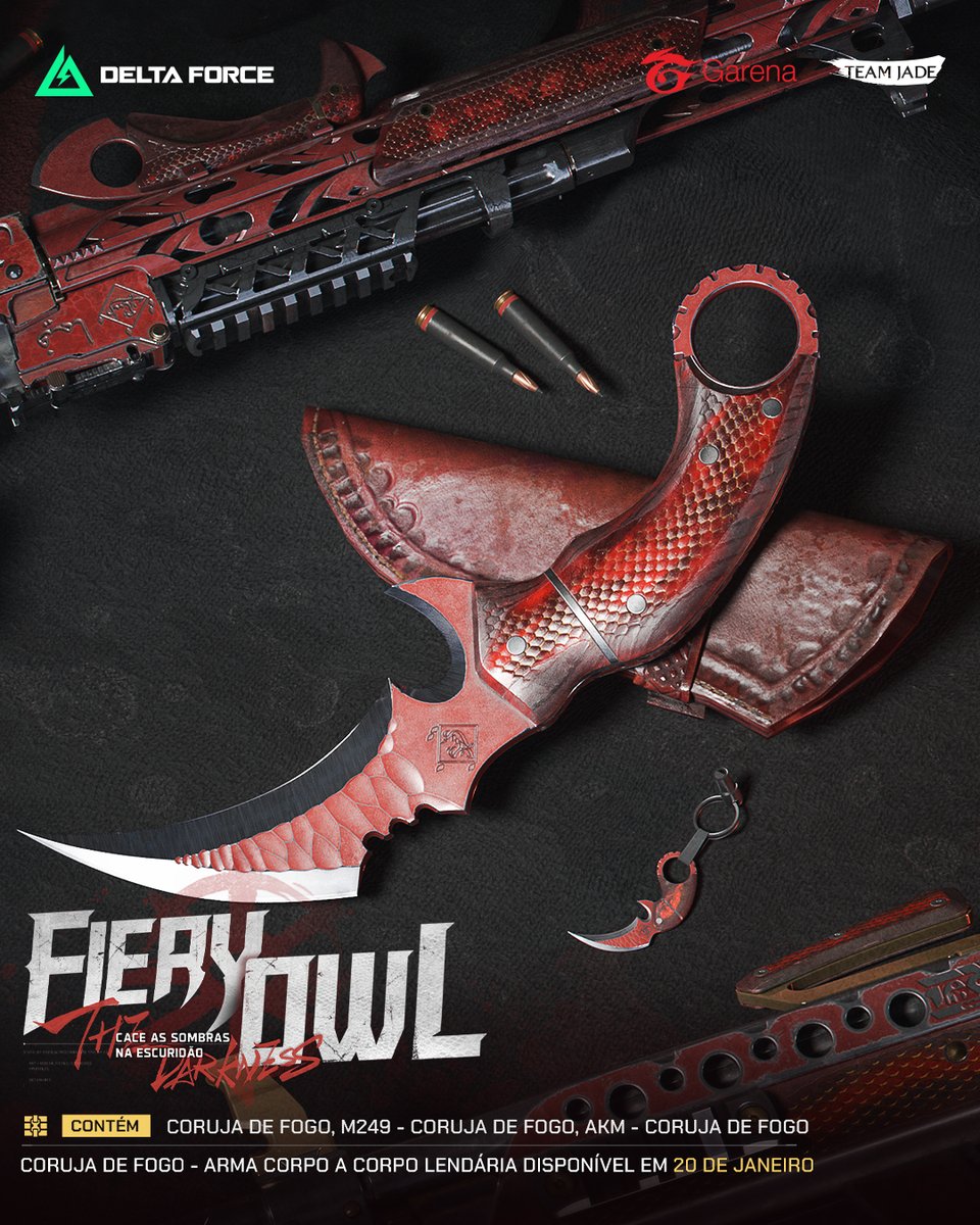 As chamas vão dominar os seus abates com os visuais do Pacote CORUJA DE FOGO 🔥 As skins chegam em 20 de janeiro, incluindo a nova faca, pela primeira vez no Mobile 🦉

#GarenaDeltaForce #DeltaForceBR #Skins #FPS #Shooter