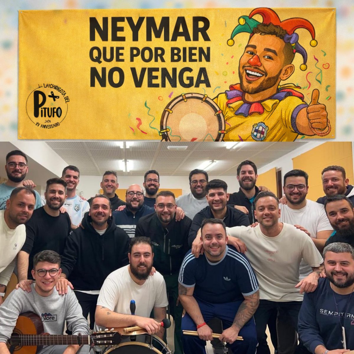Chirigotapitufo's tweet photo. 🎭 FOTO DE FAMILIA 🎭
Queda muy poco para que el lunes 26 nuestra chirigota arranque su andadura en el carnaval 2026, en nuestro XV aniversario.
El trabajo aumenta, los ensayos, también y las ganas de mostrar nuestra agrupación cada vez van a más. NEYMAR, QUE POR BIEN NO VENGA. https://t.co/d6rhVD9L12