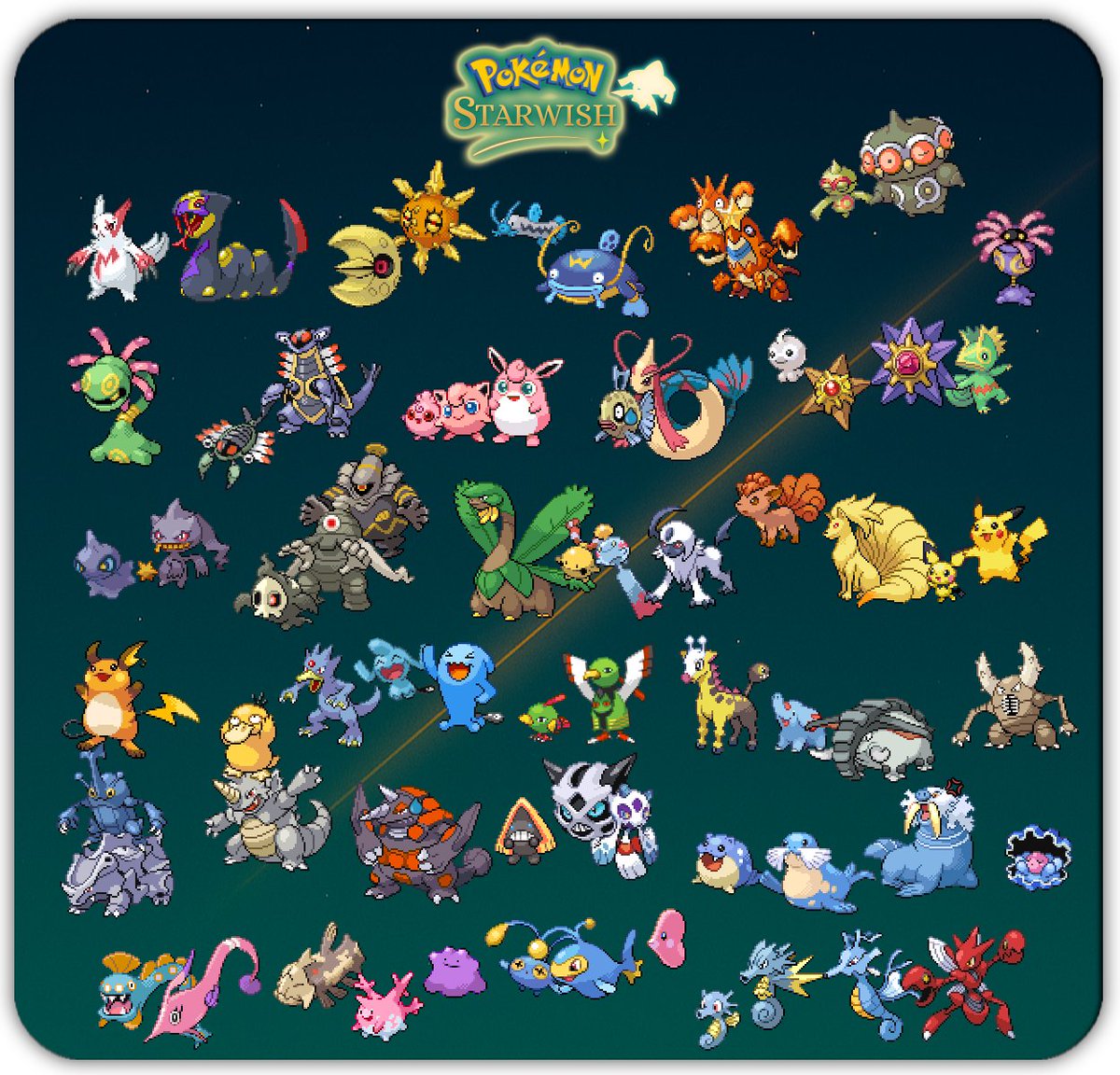 Zamius3's tweet image. Got finally our @PokemonStarwish Pokédex library done. 🥳

It turned out quite nice-looking and even created some funny moments happening between some of them, if you can spot them ;D
#pokemonfangame #pokemonstarwish
