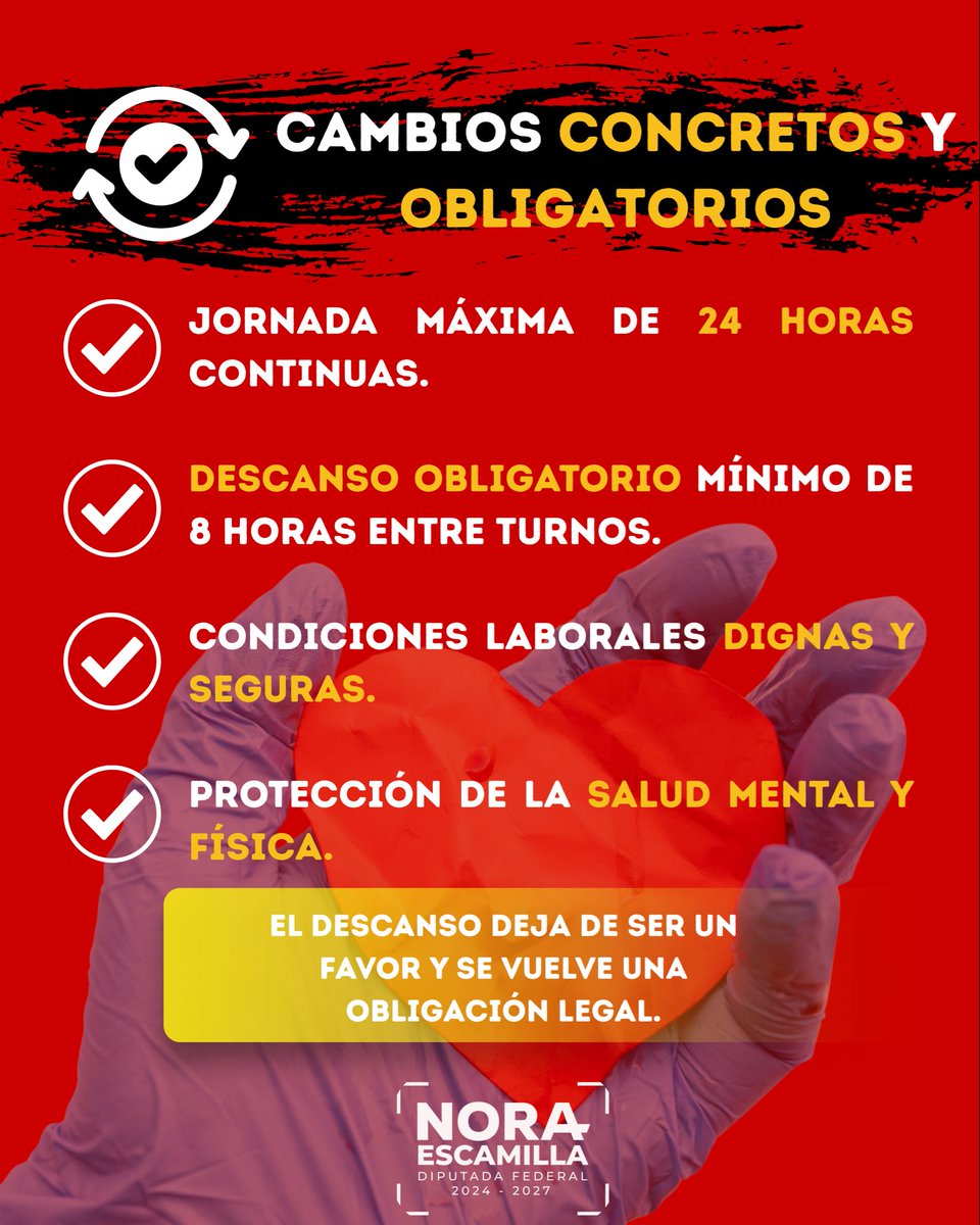 NoraMEscamilla's tweet photo. Esta iniciativa plantea cambios concretos y obligatorios:
reducción de horas a jornadas extensas, descansos reales, condiciones laborales dignas y protección a la salud física y mental.
El descanso deja de ser un favor y se convierte en una obligación legal. https://t.co/8Fzdjaa2mA