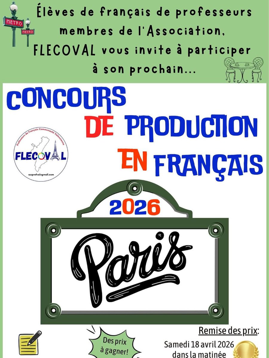 FLECOVAL's tweet image. La remise de prix aura lieu le samedi 18 avril 2026 dans la matinée à Burriana. 
FLECOVAL délivrera à chaque élève un certificat de reconnaissance pour sa participation au concours. 
Participez nombreux et nombreuses! 
1,2,3! Partez! 
#concoursproduction2026 #paris #flecoval