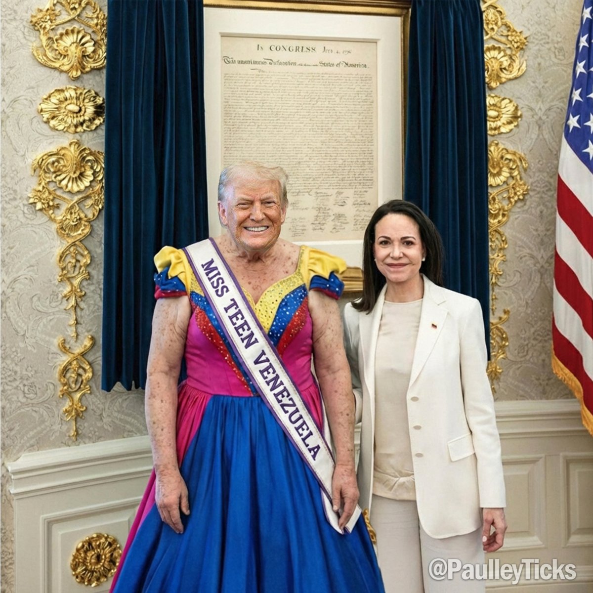 BREAKING: after Valenzuela Opposition leader Maria Corina Machado presented Donald Trump with her Nobel Prize, she also presented him with her Miss Teen Venezuelan sash, as well as the original dress she wore when she won it.

#PeacePrize