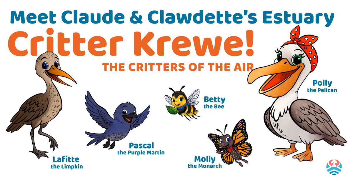 Critters of all kinds rely on the land and water of #OurEstuary, including birds and pollinators that need healthy vegetation to land, eat, rest, and do important work. Meet the BTNEP air krewe: Lafitte, Pascal, Betty, Molly, and Polly.