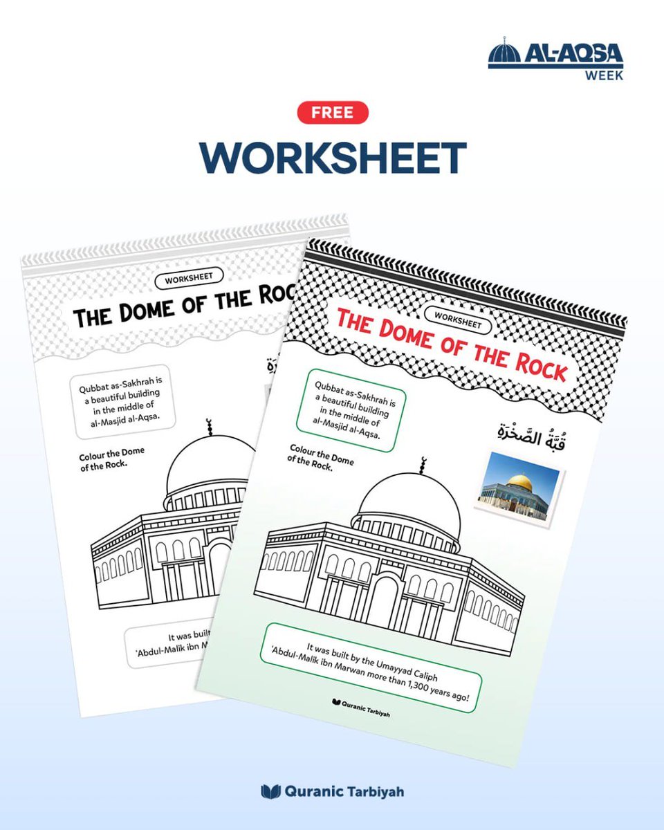 quranictarbiyah's tweet photo. 🕌 The Dome of the Rock – Activity Worksheet
Help young learners discover the iconic Qubbat as-Ṣakhrah (the Dome of the Rock) through this beautiful colouring worksheet.
https://t.co/uIF6p91Cxc
#AqsaWeek #LoveAqsa https://t.co/1DBmFR4NF6