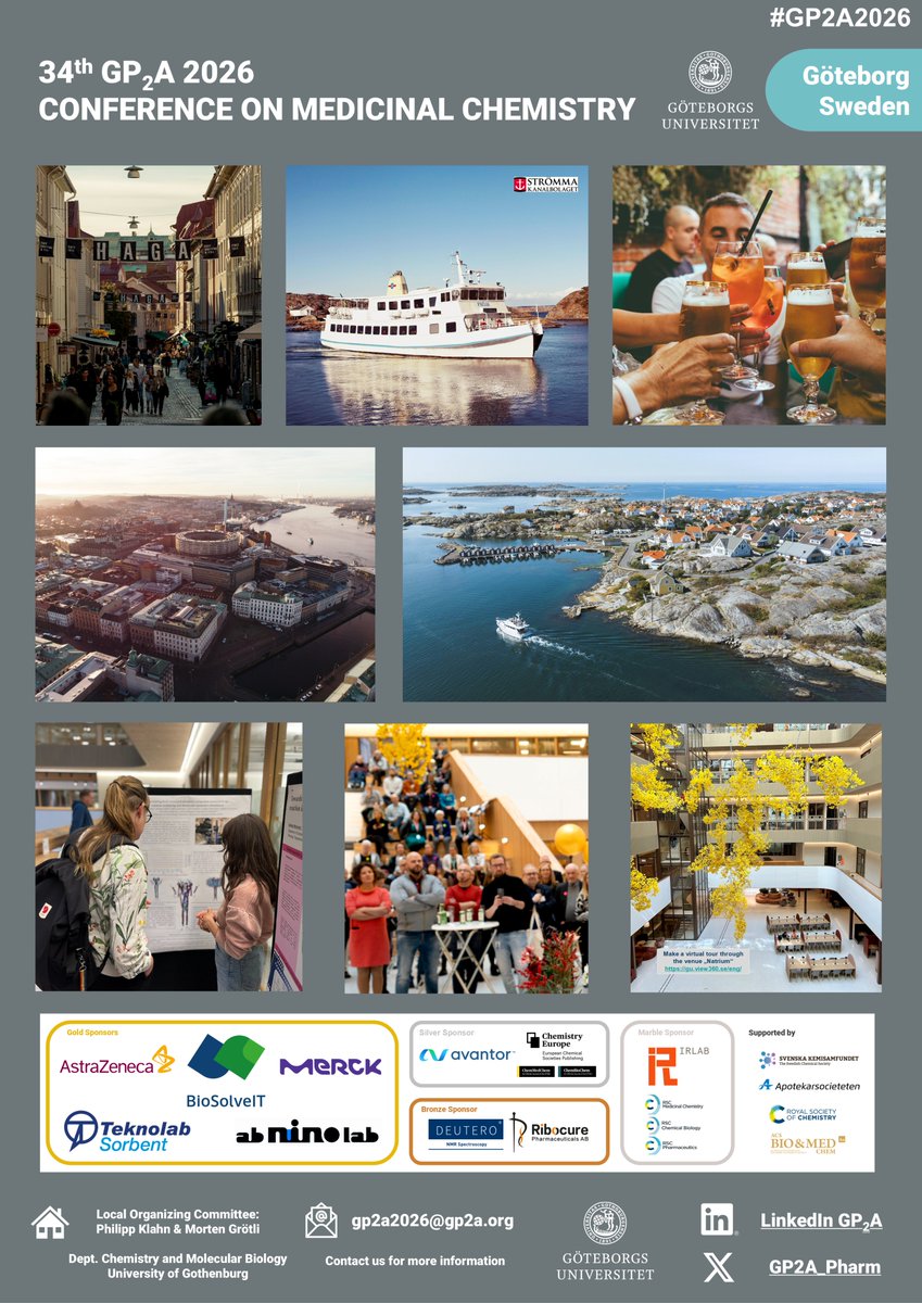 GP2A_Pharm's tweet photo. Fantastic line up at the “34th GP2A 2026 Conference on Medicinal Chemistry 2026” #GP2A2026 in Gothenburg, Sweden from 26th- 28th of August 2026. Registration will open soon at the end of January. #MedChem #ChemBio #youngresearcher @goteborgsuni @GP2A_Pharm @Sigma1Europe https://t.co/NYVfiFcyJF