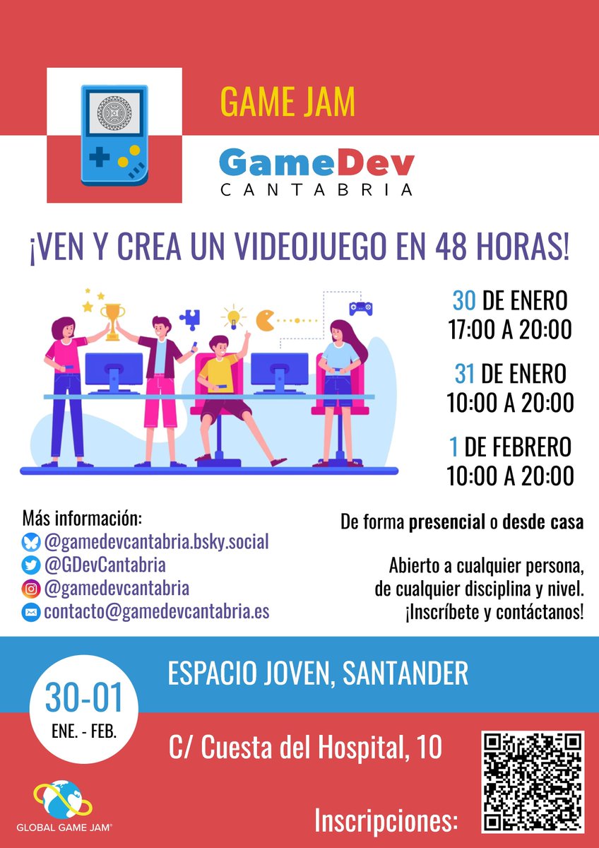 ¡Cada vez más cerca!

En dos semanas arranca nuestra sede de la Global Game Jam.
Recuerda:
- puedes venir presencialmente o participar desde casa,
- cualquier persona es bienvenida tenga o no experiencia previa,
- es completamente gratuito asistir.

Vente a hacer un jueguito 👾