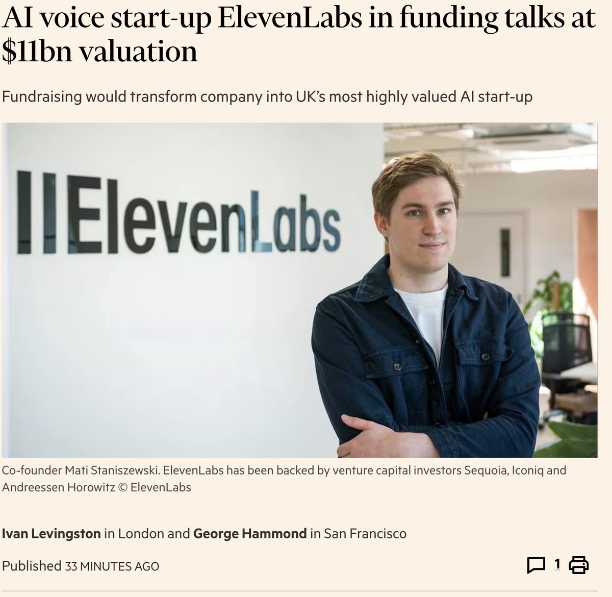 SebJohnsonUK's tweet image. BREAKING: @elevenlabsio is in talks to raise at a WHOPPING $11bn valuation just months after being valued at $6.6bn!

This is WILD.

Four months ago the company announced a secondary sale at a $6.6bn valuation.

Now the company is raising hundreds of millions of dollars at an…