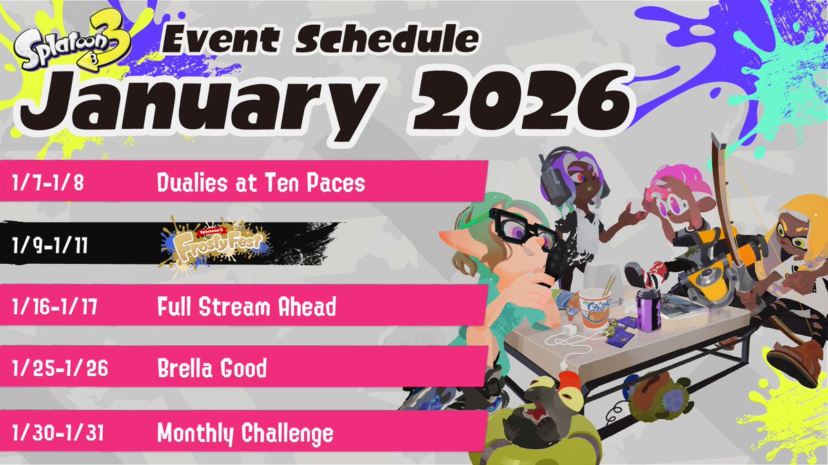 SplatoonNA's tweet image. We here at the Squid Research Lab were so excited for the Frosty Fest we forgot to share this month's calendar! Our sincerest apologies.

Fortunately we're just in time to remind you that the Full Stream Ahead Challenge begins today!