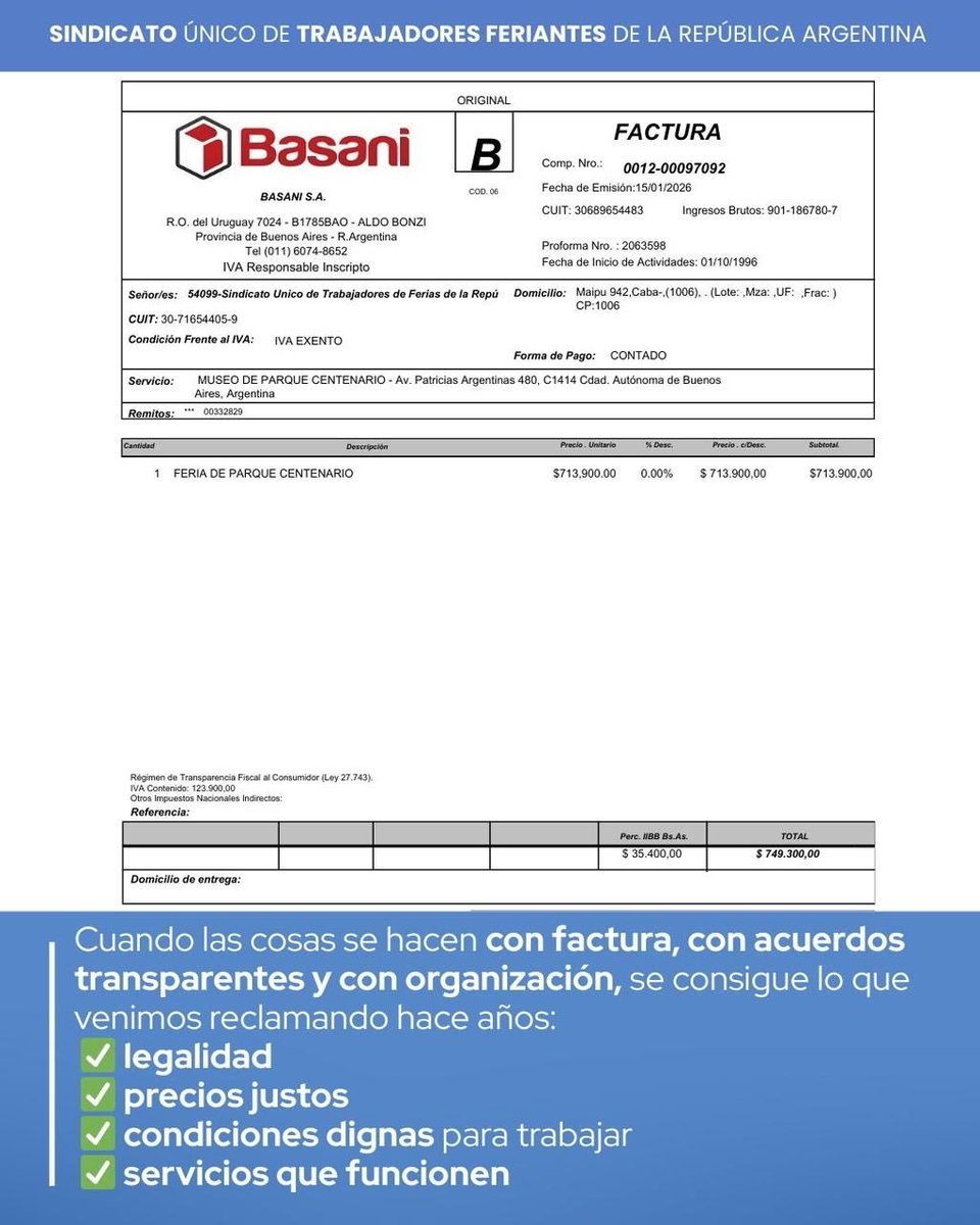BerbegliaTuron's tweet photo. Si queremos otra Argentina, con derechos e inclusión, el camino es la formalidad, la legalidad y la inclusión financiera.
En eso trabajamos desde SUTFRA @puesterosra.

Hoy, en Parque Centenario, los feriantes cuentan con baños con factura legal, autorización de Espacio Público y respaldo real.
Las mafias, las avivadas y los “truchos” tienen fecha de vencimiento.

Los derechos se obtienen con formalidad.
Y lejos de encarecer, la factura fue más barata que un remito “X”.

Afiliate a SUTFRA, capacitáte, incluíte y dejá de pagar lo que no te corresponde.
👉 La falta de información sale cara.
👉 La organización da derechos.

Estamos para ayudarte. SIEMPRE.
Gracias @gcba @jorgemacri @CominVillanueva @ibaistrocchi @puesterosra @OLTIorg por su rápida gestión 🫶🏻