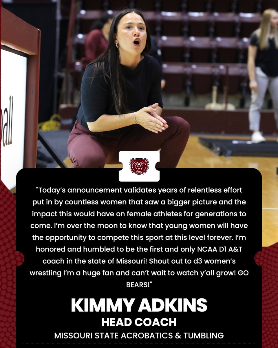 MoStateAcro's tweet image. A milestone years in the making.

Coach Kimmy on Acrobatics &amp;amp; Tumbling becoming an official NCAA championship sport.
@thencata @ncaa @elevatemostate 

#NeverSettle #GoBears #ncata26 #NCAA #NCAAcroTumb