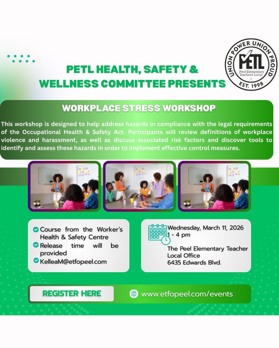 Join our Workplace Stress Workshop on March 11th. During this workshop we will explore some of the challenges members are facing and discuss strategies to help achieve balance in our lives. Register at etfopeel.com/events