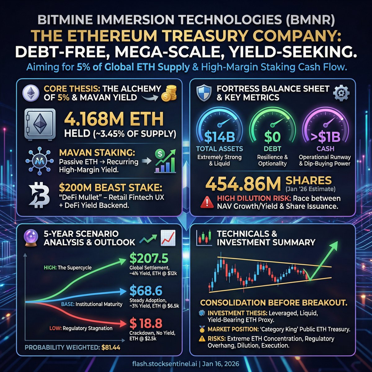 BMNR: Bitmine has pivoted into a debt-free, mega-scale Ethereum treasury  with ~4.168M ETH (~3.45% of supply) targeting 5%. Shares trade near NAV,  implying limited credit for MAVAN staking economics. If most ETH