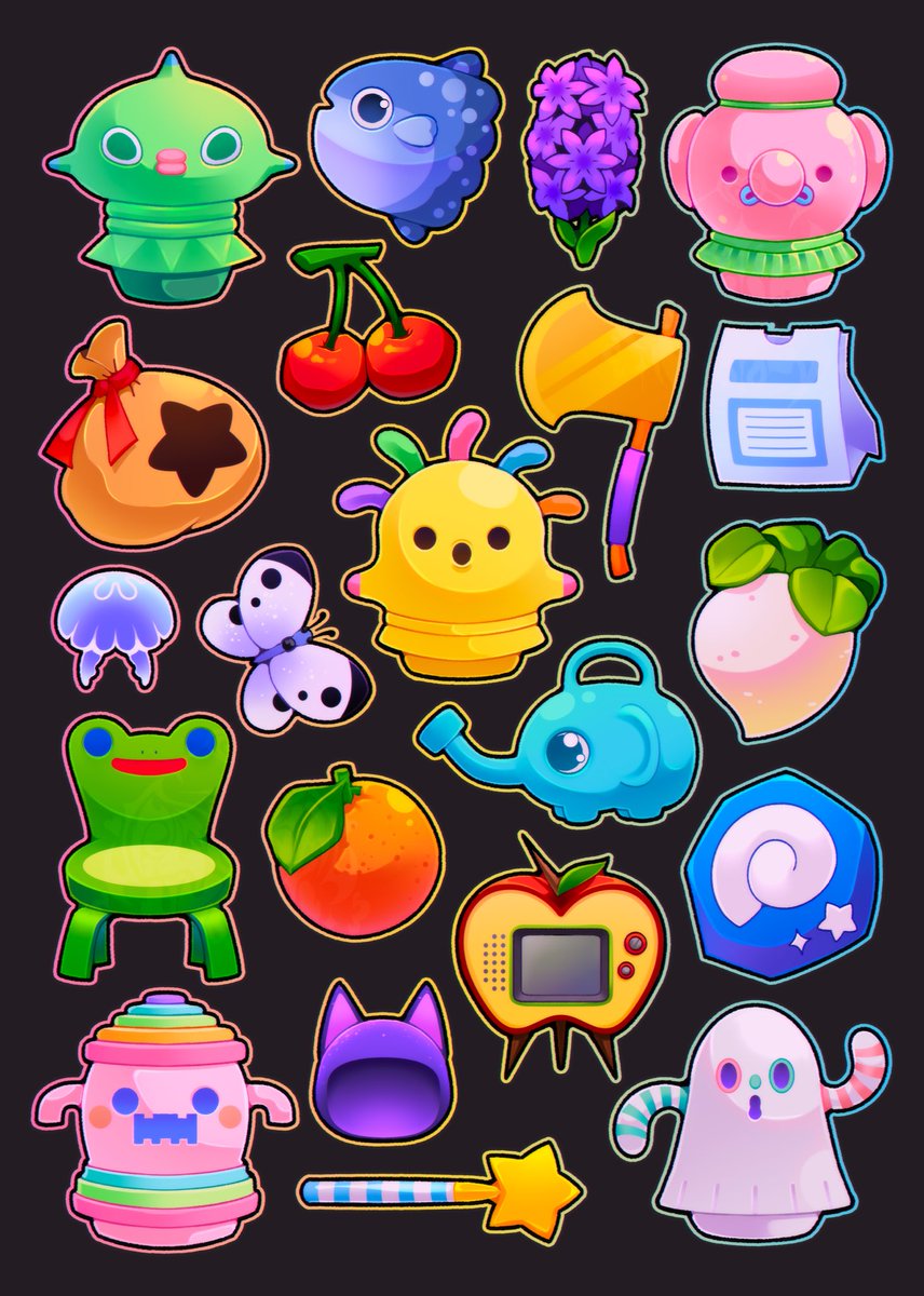 Plushunagi's tweet image. 🍊🐠🌴 ANIMAL CROSSING INVENTORY 
Just a bunch of cute doodles of different items and wildlife in Animal Crossing New Horizons! 

January Patreon print + at least one mystery Gyroid sticker! 👀🩷

#animalcrossingnewhorizons #acnh