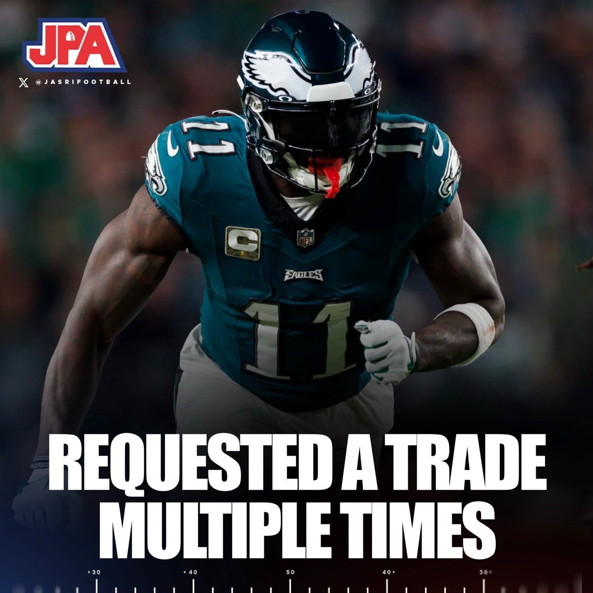 jasrifootball's tweet image. 𝗥𝗨𝗠𝗢𝗥𝗦: Eagles’ star WR AJ Brown asked for a trade numerous times this past season, as early as week 3, per @BleedingGreen 

bleedinggreennation.com/news/169138/so…