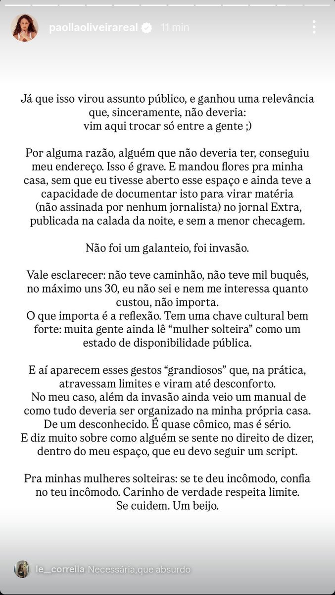 ZAMENZA's tweet image. Paolla Oliveira sobre a matéria a respeito de um caminhão com vários buquês que foi enviado para ela em seu condomínio: 

"Já que isso virou assunto público, e ganhou relevância que, sinceramente, não deveria: vim aqui trocar só entre a gente. 

Por alguma razão, alguém que não…